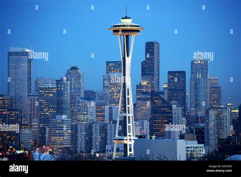 Twilight Over The Skyline Of Downtown Seattle With The Space Needle