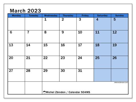 March 2023 Printable Calendar “504ms” Michel Zbinden Us
