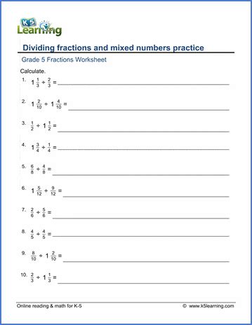 Learn about equivalent fractions with mr. Grade 5 Fractions Worksheet: Dividing fractions practice ...
