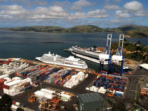 Cruise Ships Docked At Port Chalmers In Otago Harbour New Zealand
