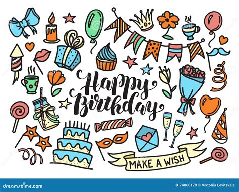 Colorful Happy Birthday Party Lettering And Doodle Set Cartoon Vector