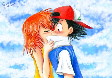 misty gives ash a kiss as ash s eyes are widened in shock of surprise as he blushes ash and misty