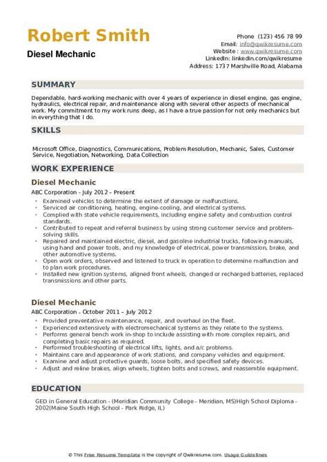 You'll find the highest level of employment for this job in the. Diesel Mechanic Resume Samples | QwikResume