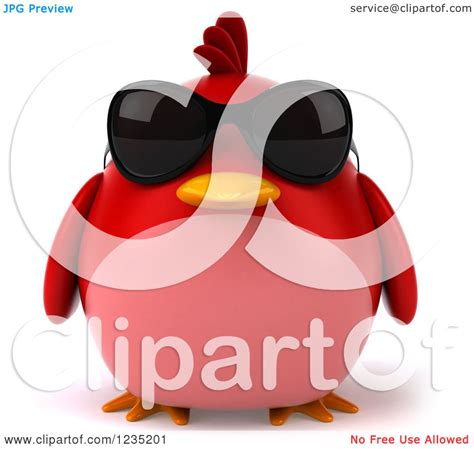Clipart Of A 3d Chubby Red Bird Wearing Sunglasses Royalty Free
