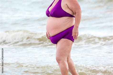 Fat Lady On The Beach Obese Woman Wearing Swimsuit Change Lifestyle To Become Healthier