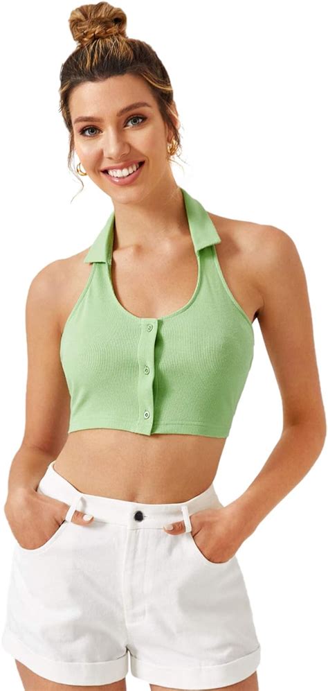 Shein Women S Button Front Backless Halter Top Sleeveless Rib Knit Crop Tank Tops Lime Green