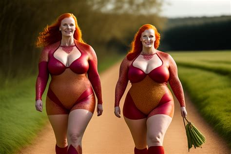 Lexica Two Plus Size Redhead Women Walking On A Farm All Dressed Wearing Body Paint