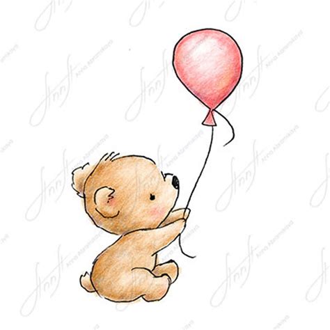 The Drawing Of Cute Teddy Bear With Pink Balloon Printable Etsy In
