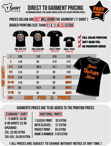 Custom T Shirt Price List Template