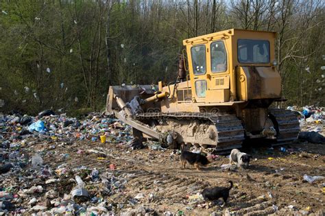 The Old Bulldozer Moving Garbage In A Landfill Stock Photo