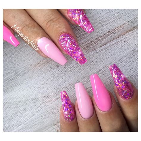 Coffin Hot Pink Nails With Glitter Hot Pink Extra Long False Nails