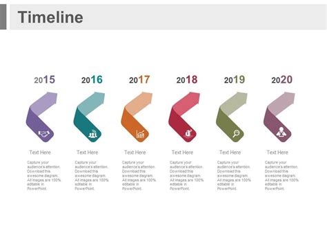 Six Staged Linear Timeline Arrow Year Diagram Powerpo