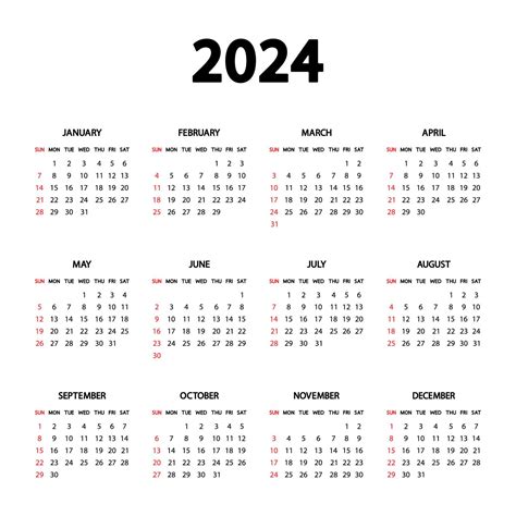 Calendar 2024 Year The Week Starts Sunday Annual Engl
