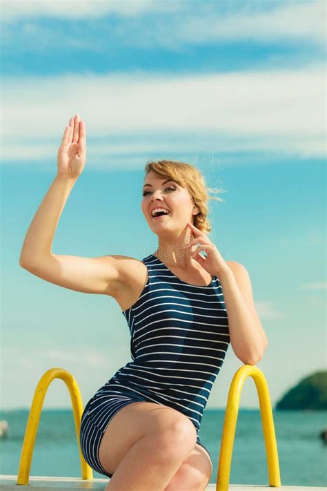 Fashion Woman In Striped Dress Outdoor Summer Stock Image Image Of Tourist Joyful 121592949