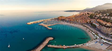Sand Beach Beneath The Colorful Old Town Menton On French Riviera
