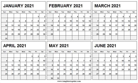 January To June 2021 Calendar Template Six Month Calendar 2021