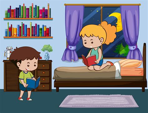 Boy And Girl Reading Book In Bedroom 432515 Vector Art At Vecteezy