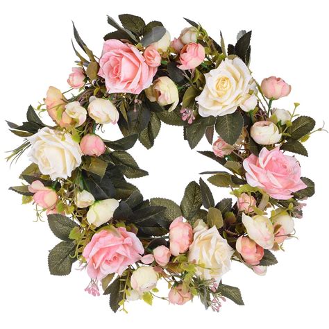 Coolmade Artificial Peony Flower Wreath 15 Pink Flower Door Wreath