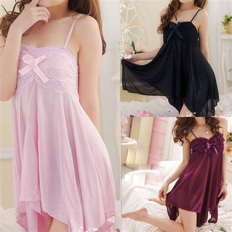 4 Colors Women Sexy Lace Bowknot Sleeping Dresses Lingerie Silk
