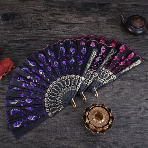 Chinese Style Elegant Colorful Fans Embroidered Flower Peacock Pattern