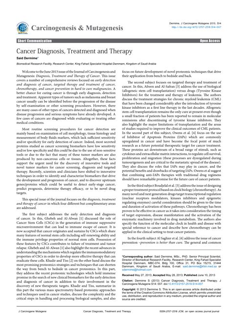 Pdf Cancer Diagnosis Treatment And Therapy