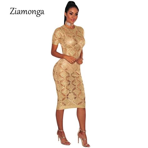 Ziamonga Sexy Evening Party Bodycon Dress Short Sleeve Knitted Dress Party Night Club Dress Gold