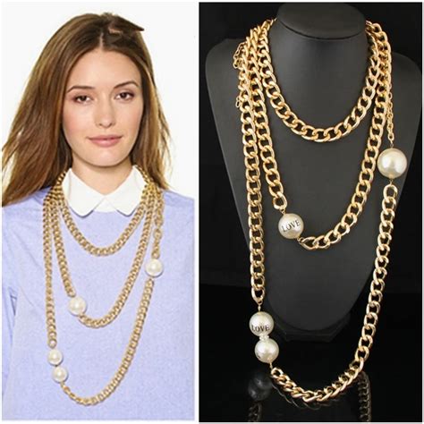 Cirgen Fashion Long Multi Layer Chunky Gold Color Aluminum Chain Big Pearl Pendant Statement