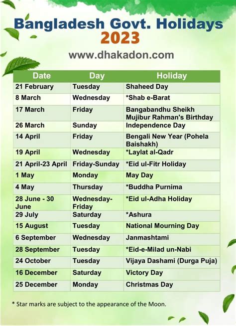 The Bangladesh Government Holiday Schedule Is Shown In Green And White
