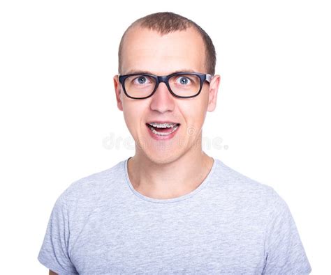 Funny Young Man In Glasses With Braces On Teeth Isolated On Whit Stock