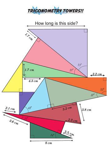 Hello cos(34) = 8/x x = 8/cos(34) x = 9.64974 adjacent length of yellow triangle by subtracting 2.5 cm and adding 3.6 cm to get 10.74974 cm. Trigonometry Towers | Teaching Resources