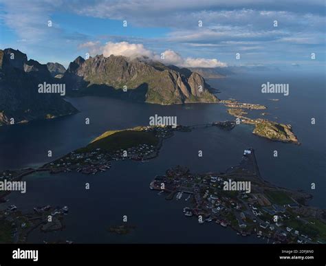 Stunning Aerial Panoramic View Of Fishing Village Reine With Fjord And