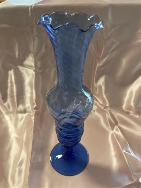 Vintage Cobalt Blue Art Glass Round Ribbed With Swirls Bud Vase 8”tall 14 50 Picclick