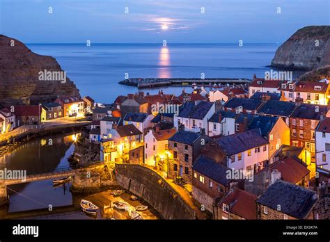 Moonrise Over Staithes Harbour North Yorkshire Stock Photo Alamy
