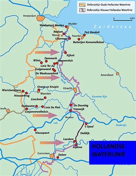De snelweg a27 kruist de hollandse waterlinie, een militaire verdedigingslinie die loopt van de voormalige zuiderzee bij muiden tot aan de biesbosch. De oude en nieuwe Hollandse waterlinie, met alle ...