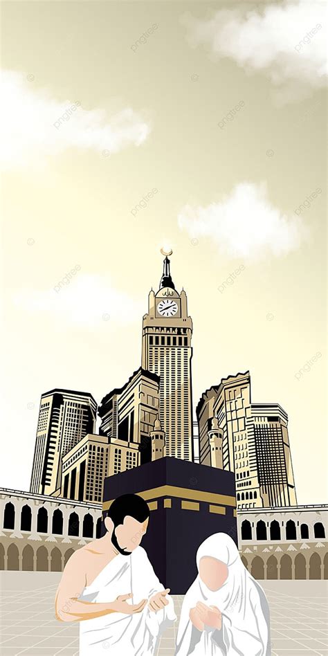 Hajj Pilgrimage And Umrah With Man Woman In Kaaba Background Vector