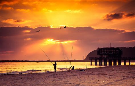 Wallpaper Beach Sea Sunset Pier Fishing Images For Desktop Section
