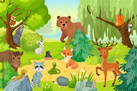 Group Of Wild Animals On The Fringe Of The Forest Vector Illustration