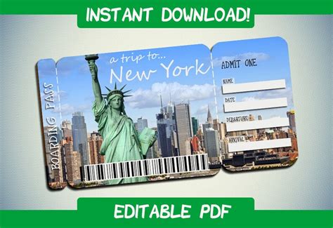 Printable Ticket To New York Boarding Pass Customizable Etsy