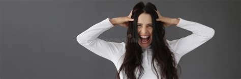 Beautiful Brunette Woman Yells Holding Her Head Stock Photo Image Of