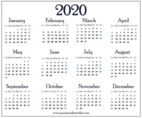 Get 2021 yearly png calendar planner featuring all 12 months in one page. Download 2020 Calendar PDF Templates