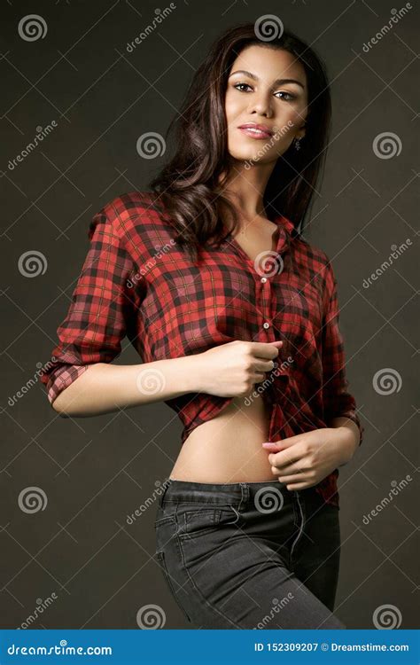 Young Attractive Woman In A Red Plaid Shirt Stock Image Image Of