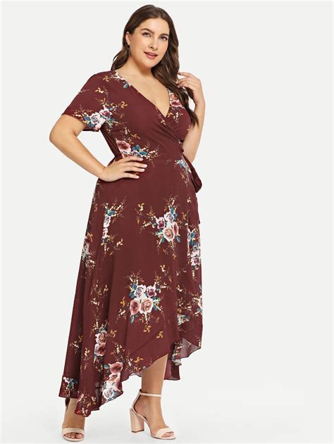 SHEIN Plus Asymmetric Ruffle Hem Botanical Wrap Dress Wrap Dress