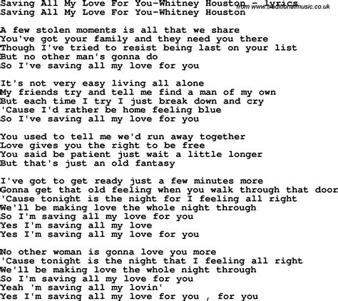 Love Song Lyrics For Saving All My Love For You Whitney Houston