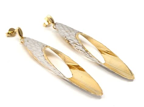 Italian K Two Tone Gold Diamond Cut Drop Dangle Earrings