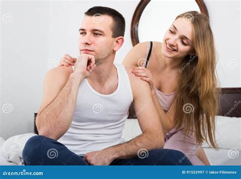 Wife Warmly Comforting Upset Husband In Bedroom Stock Image Image Of Comforting Consoling