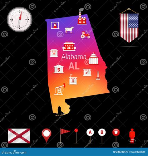 Alabama Vector Map Night View Compass Icon Map Navigation Elements