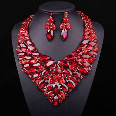 Luxury Red Crystal Jewellery Statement Necklace Earring Gold Plated