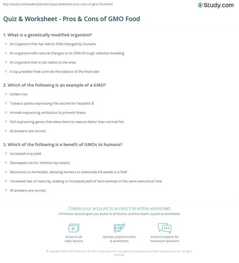 Quiz And Worksheet Pros And Cons Of Gmo Food