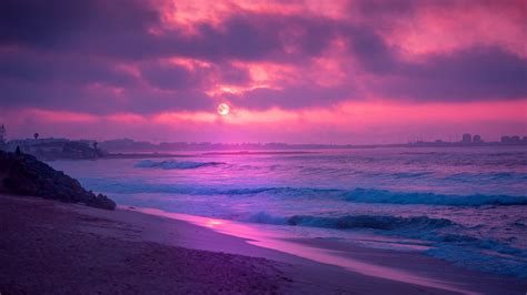 Purple Sunset Beach Wallpaper Hd Picture Image