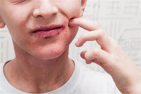 Junge Sein Gesicht Kratzen Menschliche Haut Präsentieren Eine Allergische Reaktion Allergischer